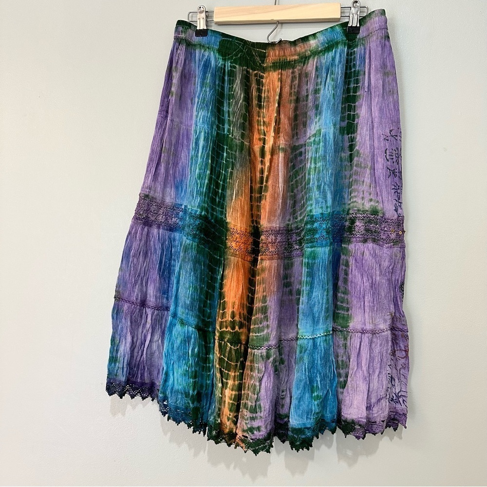 Charlie Paige Vintage Indian Size L/XL Midi Skirt Boho Flowy Crinkle Multicolor - Picture 4 of 7